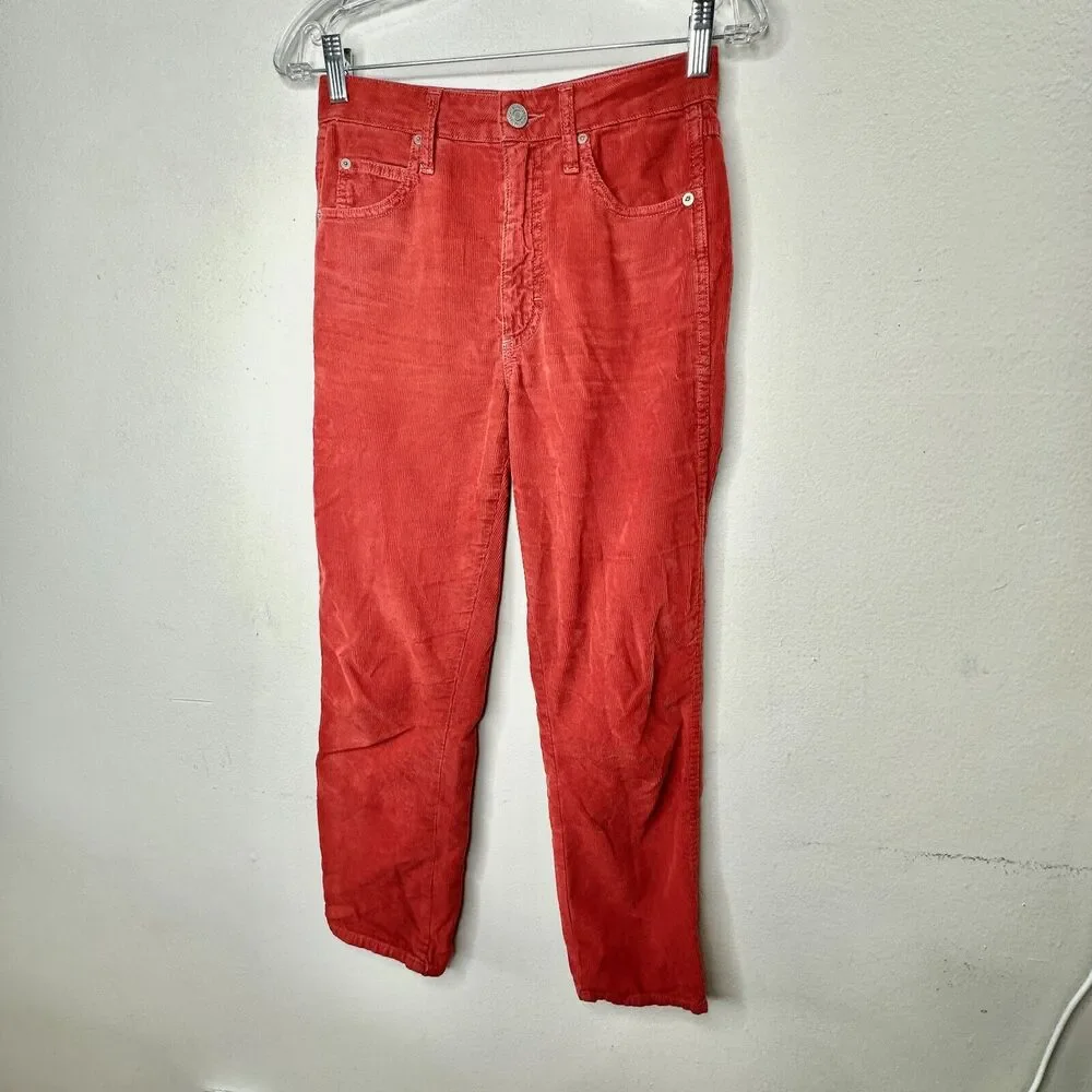 AMO The Chloe Rust Red Corduroy Straight Leg Crop Pant Trousers Washed Red 26